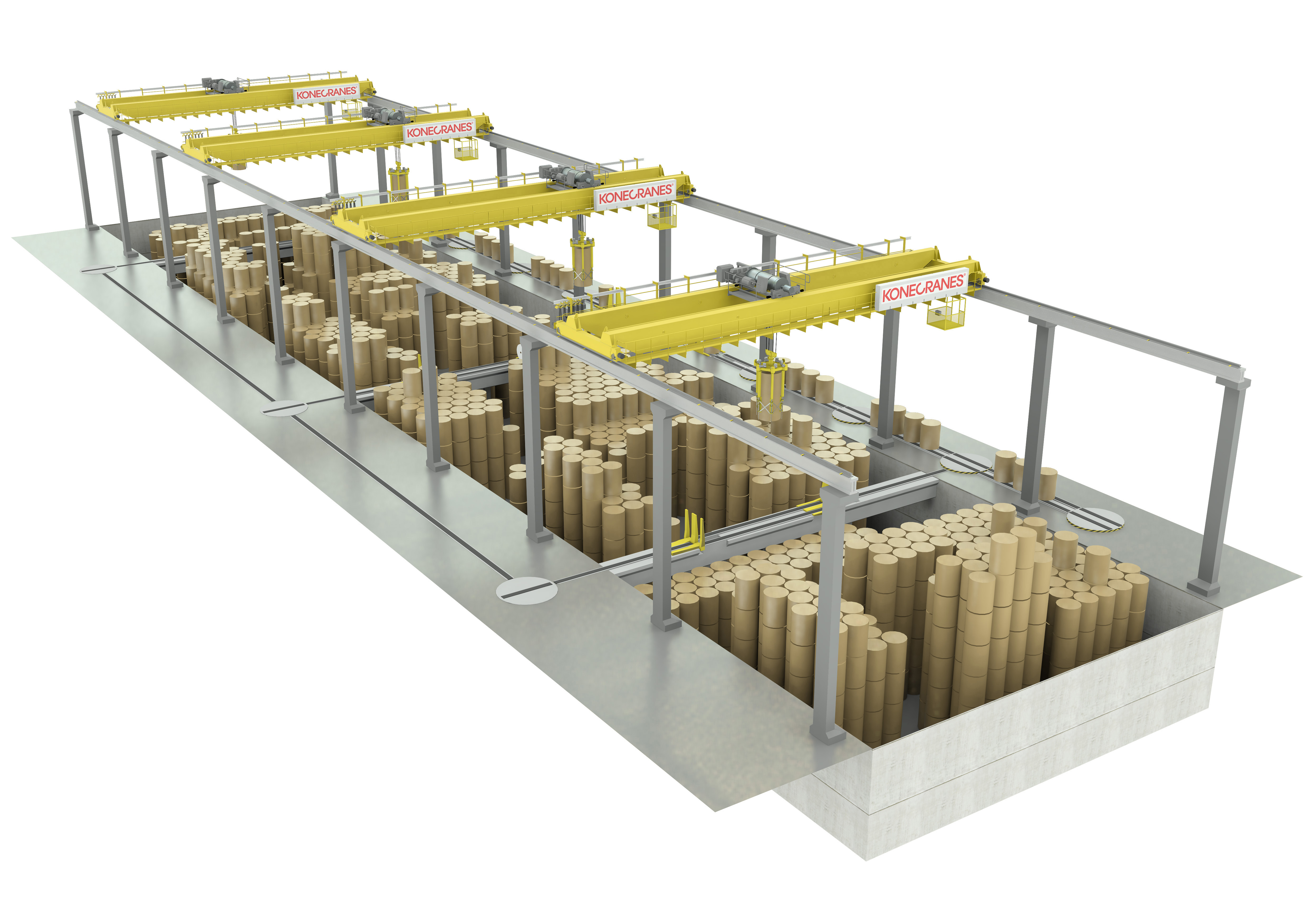 Ein 3D-Modell einer Papierrollenlagerhalle mit vier Konecranes Prozesskranen.
